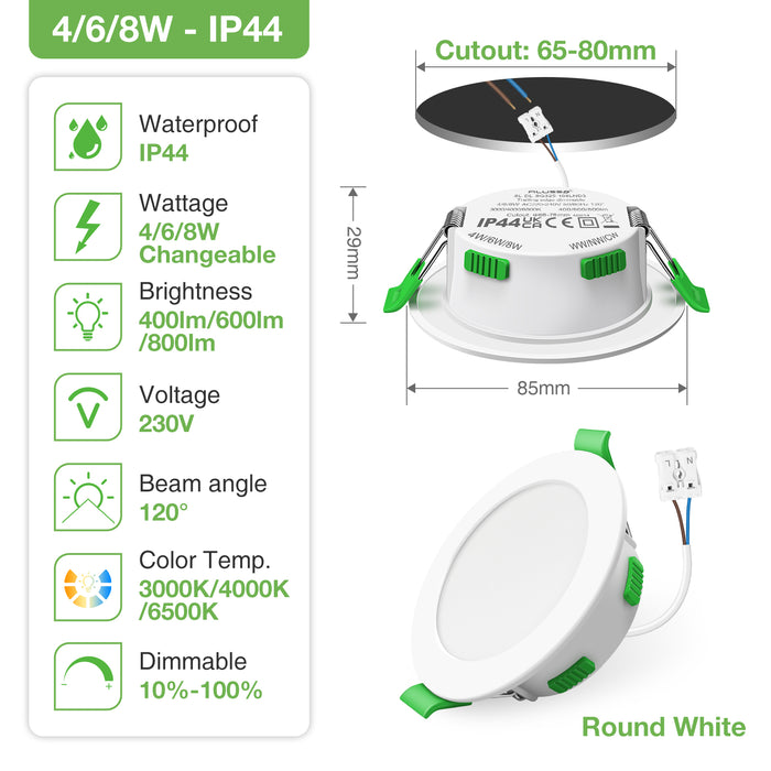 4W/6W/8W Changeable LED Downlight Dimmable Tri-colour IP44 Ultra Slim Recessed Ceiling Lights, 65-80mm Cutout, 10 Pack