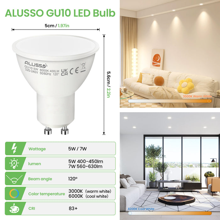 5W 7W GU10 LED Spotlight Bulb 3000K/6000K, 120° Beam Angle, 4/10 Pack