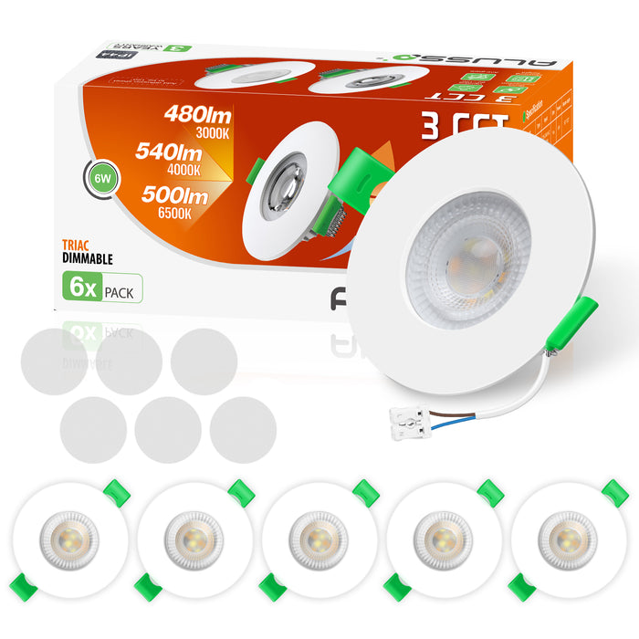 6W ∅68-75mm Recessed Led Ceiling Lights Fixed Angle, Tri-Color, Dimmable, IP44, 6 PACK