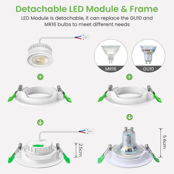 6W ∅68-75mm White Recessed Led Ceiling Lights Flach 60°/120° Variable Beam Angle, Tri-Color, Dimmable, IP44, 6 PACK