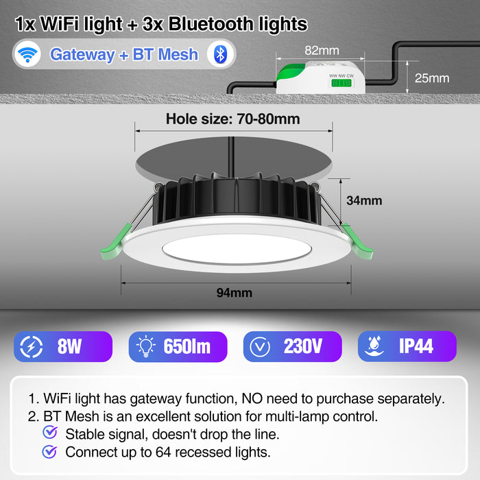 WiFi 8W LED Smart Bluetooth Downlight, Cutout 70-80mm, 4 Pack
