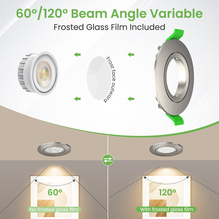 6W ∅75-78mm Swiveling Nickel Recessed Led Ceiling Lights Tilt Angle, Tri-Color, Dimmable, 60°/120° Variable Beam Angle, IP20, 6 PACK