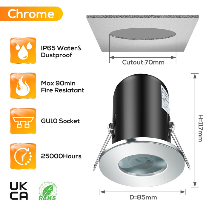 Fire Rated Downlights IP65 Chrome, with 7W Warm White GU10 Bulbs, Pack of 6