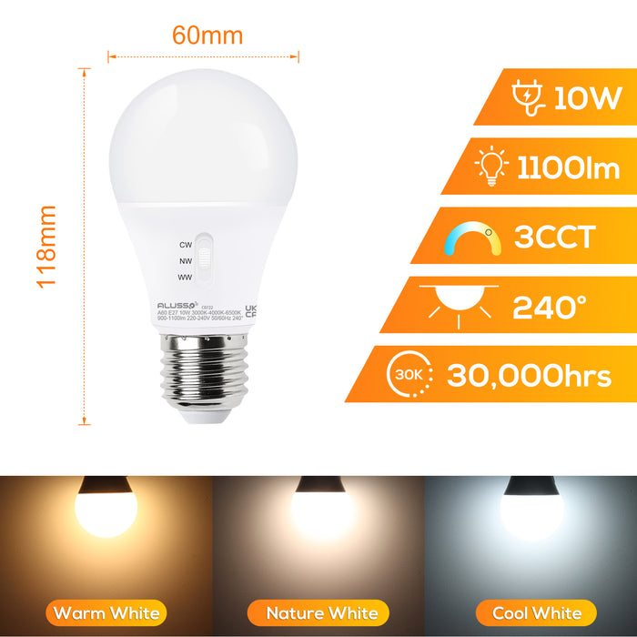 GU10/E27 LED Spotlight Bulb 8W/10W CCT 3000K/4000K/6500K, 120°/240° Beam Angle, 10 Pack