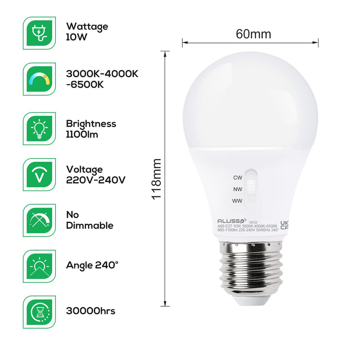 E27 LED Bulb 10 W 3000 K/4000 K /6500 K, 240° Beam Angle Spotlight — ALUSSO  LIGHTING