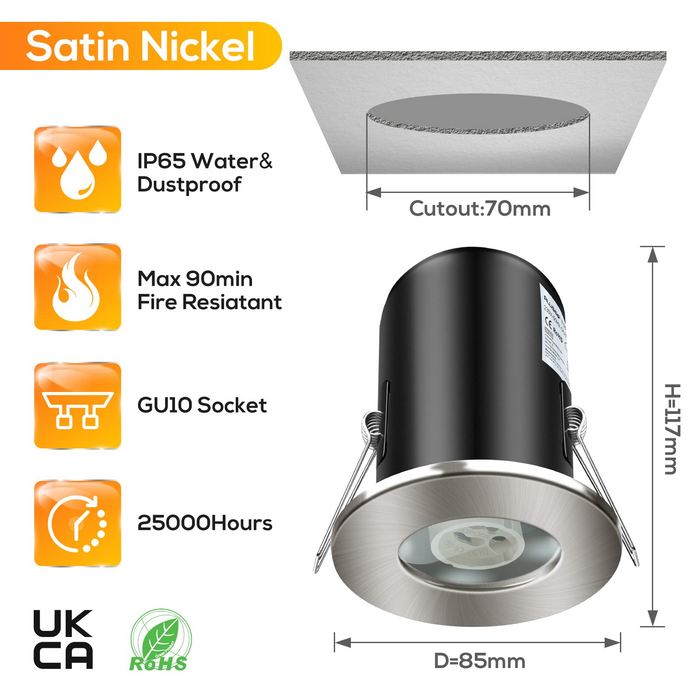 Fire Rated Downlights IP65 Satin Nickel, with 5W Warm White GU10 Bulbs, Pack of 6